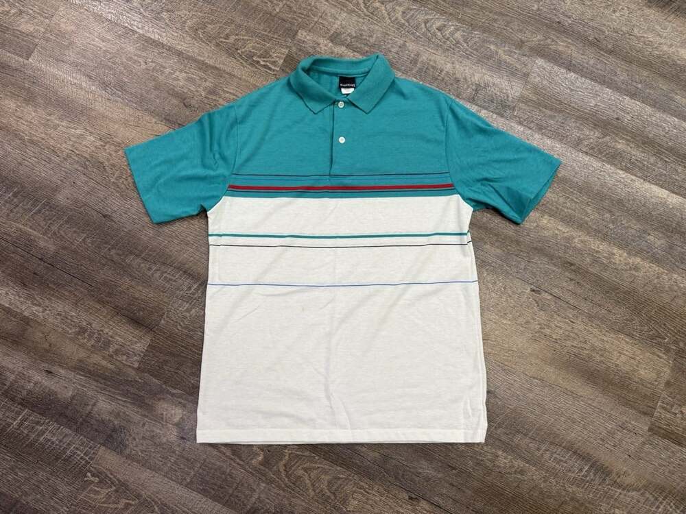 Vintage Royal Knight Polo Shirt Mens Large Teal White Stripe Short Sleeve 80s